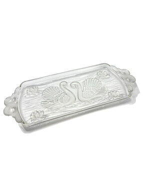 Vintage Frosted Glass Swan Tray Dish Handles Floral Rectangular West Germany